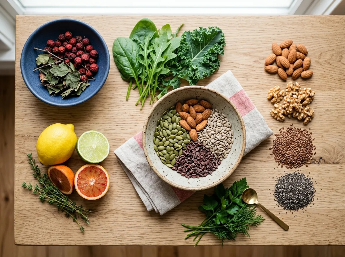 Flat-lay of hawthorn berries, citrus, leafy greens, nuts and seeds