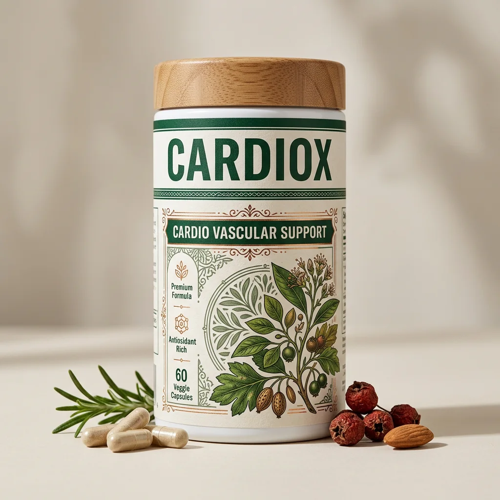 cardiox food supplement bottle with navy label