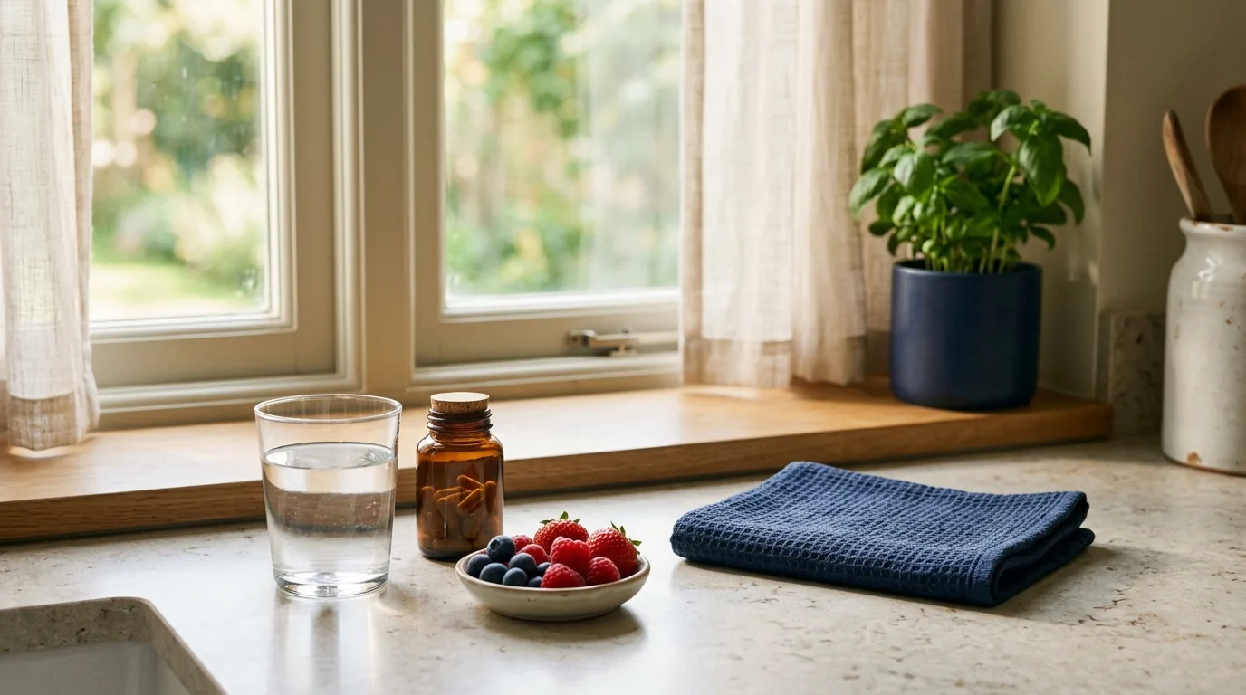 A glass of water and a supplement bottle on a kitchen counter in morning light